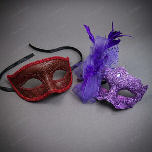 Venetian Ornate Lace Feather Masquerade Halloween Party mask Red Purple